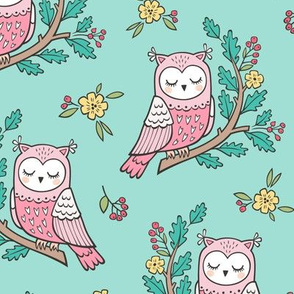 Dreamy Owl on a Branch with Flowers,Berries and Leaves on Mint Green