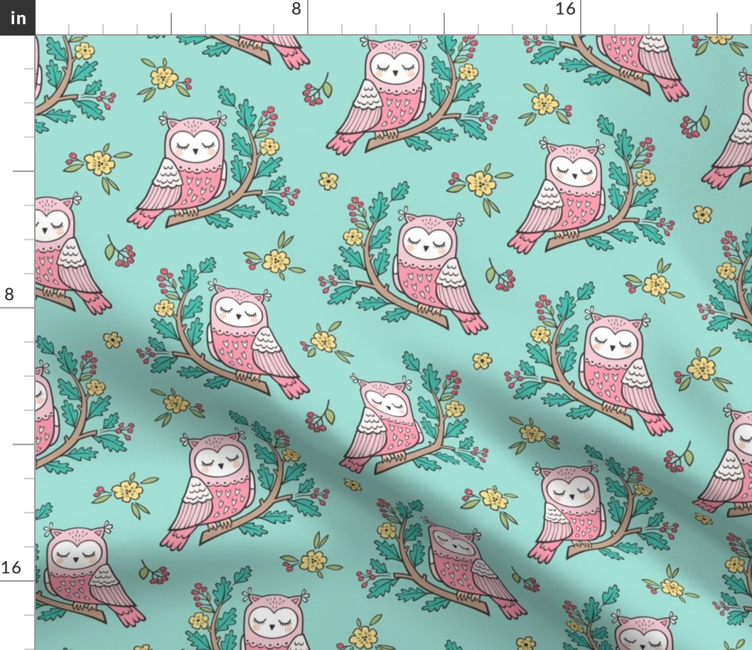 Dreamy Owl on a Branch with Flowers,Berries and Leaves on Mint Green