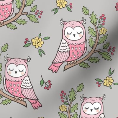 Dreamy Owl on a Branch with Flowers,Berries and Leaves on Light Grey