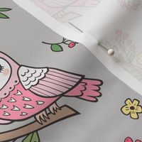 Dreamy Owl on a Branch with Flowers,Berries and Leaves on Light Grey