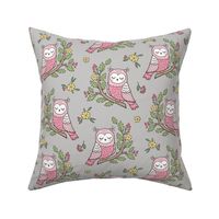 Dreamy Owl on a Branch with Flowers,Berries and Leaves on Light Grey