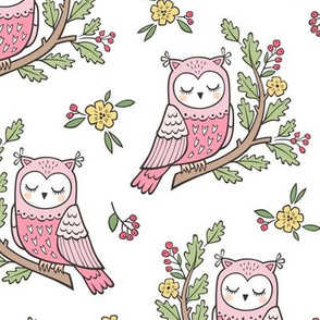 Dreamy Owl on a Branch with Flowers,Berries and Leaves on White