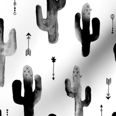 Black and white watercolors ink cactus garden gender neutral geometric arrows cowboy theme LARGE