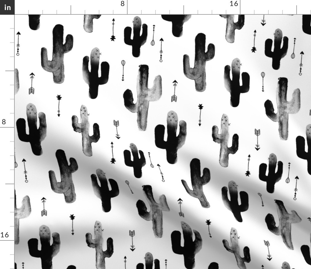 Black and white watercolors ink cactus garden gender neutral geometric arrows cowboy theme LARGE