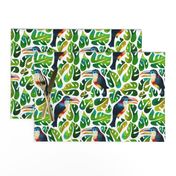 Curl Crested Aracari Toucans with monstera leaves