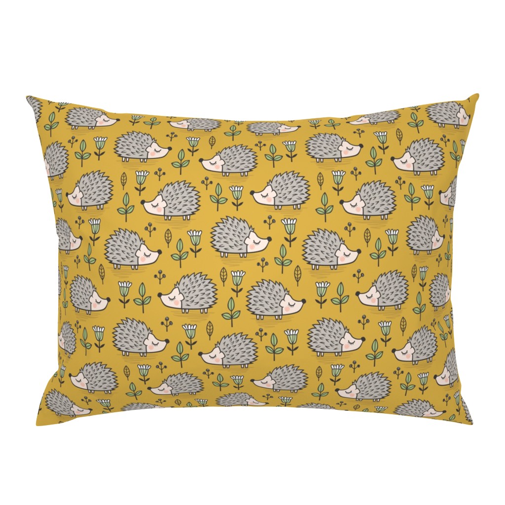 Hedgehog with Leaves and Flowers on Mustard Yellow