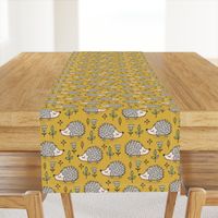 Hedgehog with Leaves and Flowers on Mustard Yellow