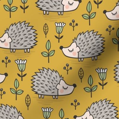 Hedgehog with Leaves and Flowers on Mustard Yellow