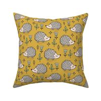 Hedgehog with Leaves and Flowers on Mustard Yellow