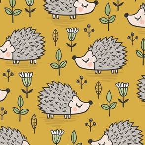 Hedgehog with Leaves and Flowers on Mustard Yellow