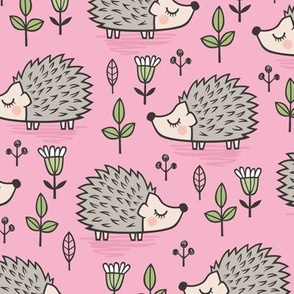 Hedgehog with Leaves and Flowers on Pink