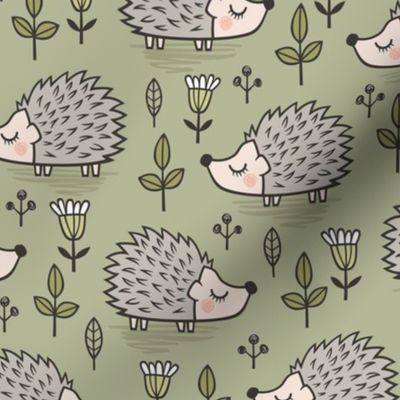 Hedgehog with Leaves and Flowers on Light Olive Green