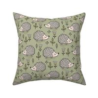 Hedgehog with Leaves and Flowers on Light Olive Green