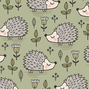 Hedgehog with Leaves and Flowers on Light Olive Green