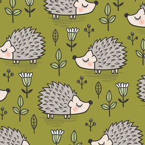 Hedgehog with Leaves and Flowers on Green Olive