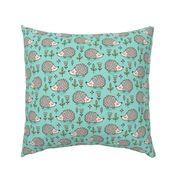 Hedgehog with Leaves and Flowers on  Mint Green