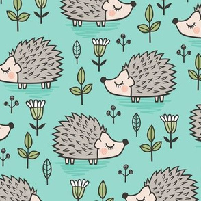Hedgehog with Leaves and Flowers on  Mint Green