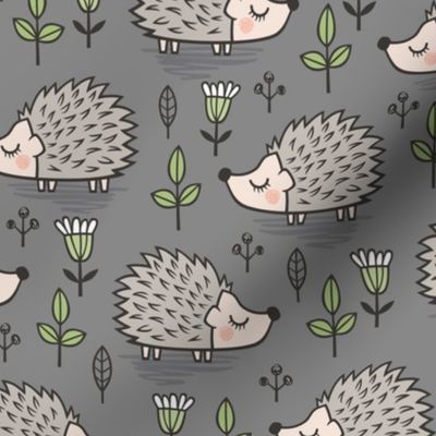 Hedgehog with Leaves and Flowers on Dark Grey