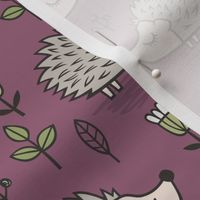 Hedgehog with Leaves and Flowers on Mauve