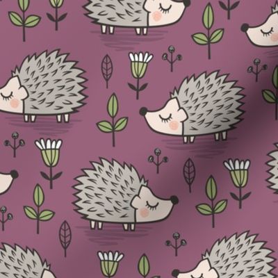 Hedgehog with Leaves and Flowers on Mauve