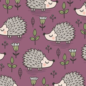 Hedgehog with Leaves and Flowers on Mauve