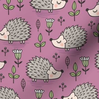 Hedgehog with Leaves and Flowers on Light Mauve