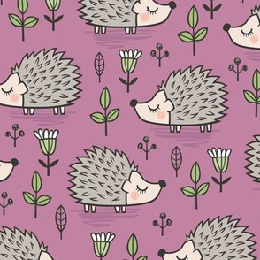 Hedgehog with Leaves and Flowers on Light Mauve