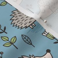 Hedgehog with Leaves and Flowers on Blue