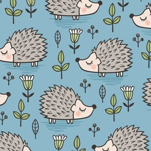 Hedgehog with Leaves and Flowers on Blue