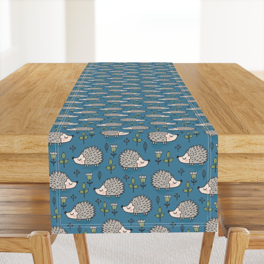 Hedgehog with Leaves and Flowers on Dark Blue Navy