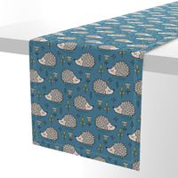 Hedgehog with Leaves and Flowers on Dark Blue Navy