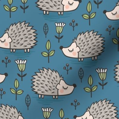 Hedgehog with Leaves and Flowers on Dark Blue Navy