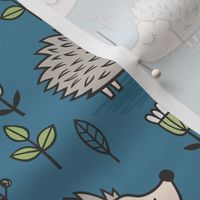 Hedgehog with Leaves and Flowers on Dark Blue Navy