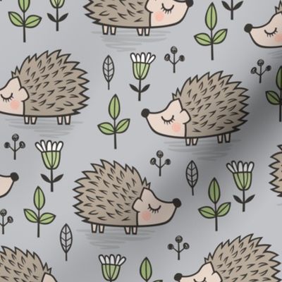 Hedgehog with Leaves and Flowers on Light Grey