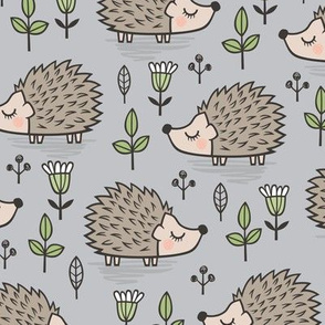 Hedgehog with Leaves and Flowers on Light Grey