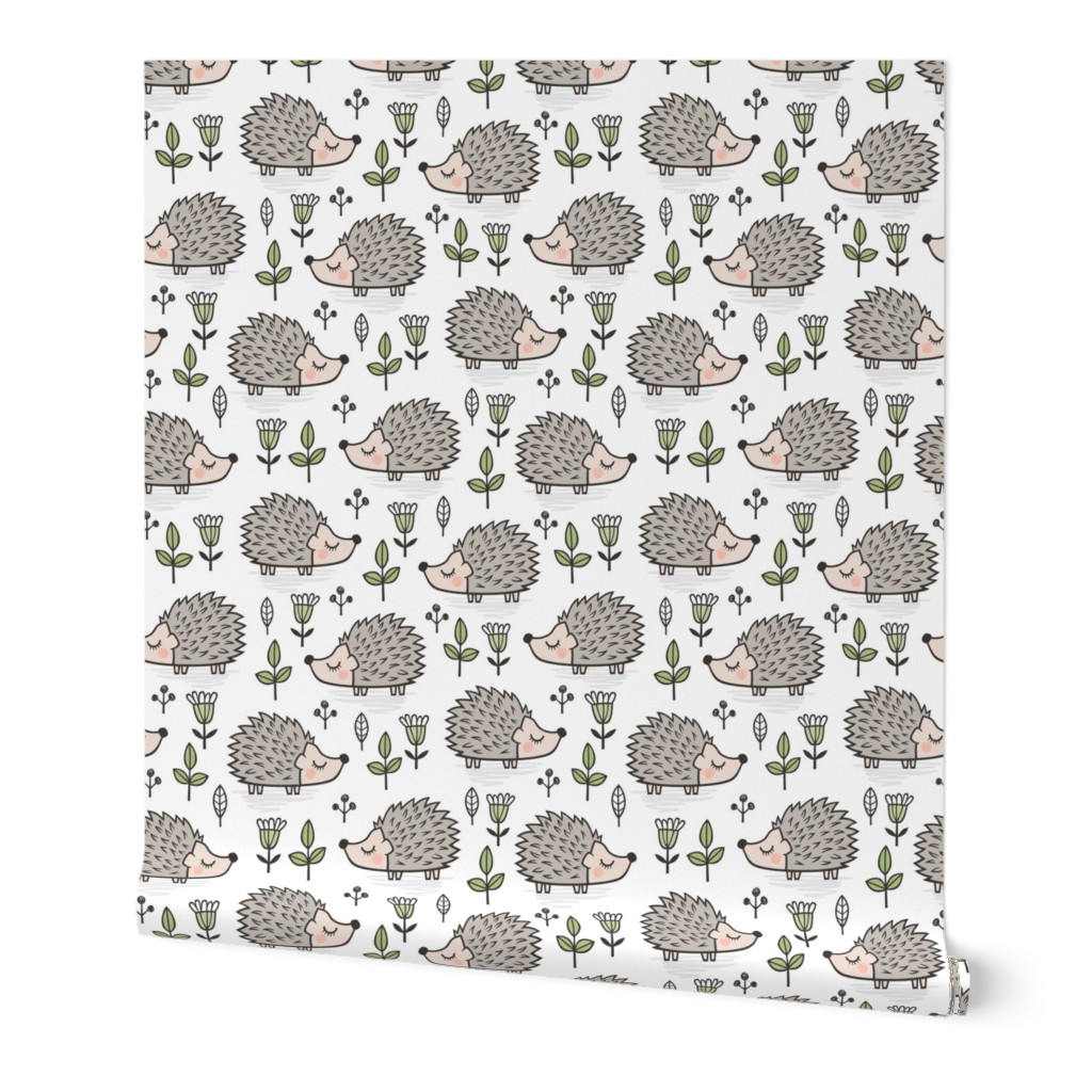 Hedgehog with Leaves and Flowers on White