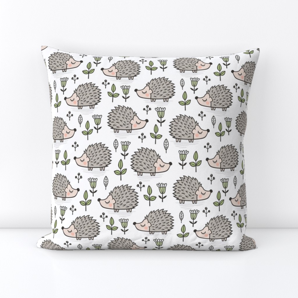 Hedgehog with Leaves and Flowers on White