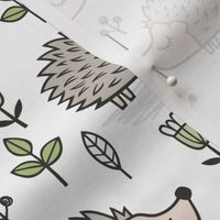 Hedgehog with Leaves and Flowers on White