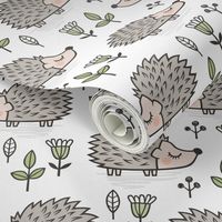 Hedgehog with Leaves and Flowers on White