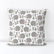 Hedgehog with Leaves and Flowers on White