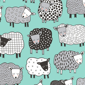 Sheep Geometric Patterned Black & White Grey on Mint Green LARGE