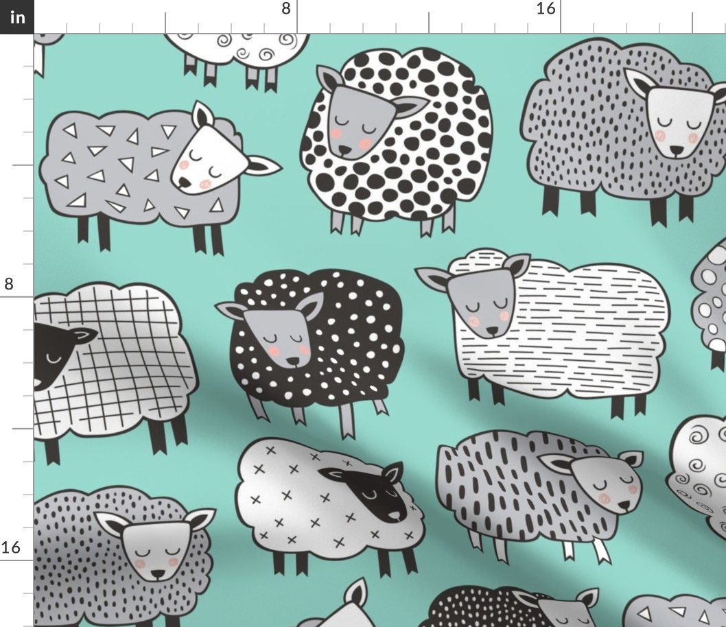 Sheep Geometric Patterned Black & White Grey on Mint Green LARGE