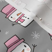 Winter Christmas Snowman & Snowflakes Pink on Grey