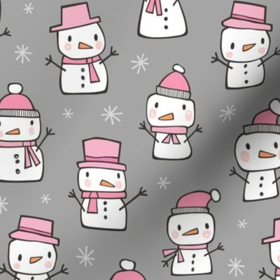 Winter Christmas Snowman & Snowflakes Pink on Grey