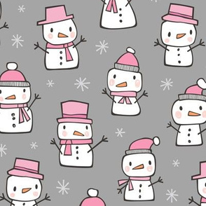 Winter Christmas Snowman & Snowflakes Pink on Grey