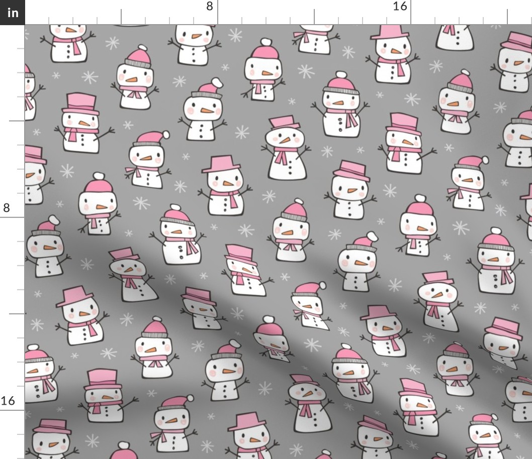 Winter Christmas Snowman & Snowflakes Pink on Grey