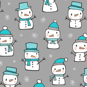Winter Christmas Snowman & Snowflakes Blue on Grey