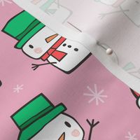 Winter Christmas Snowman & Snowflakes Red Green on Pink