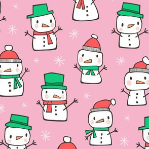 Winter Christmas Snowman & Snowflakes Red Green on Pink