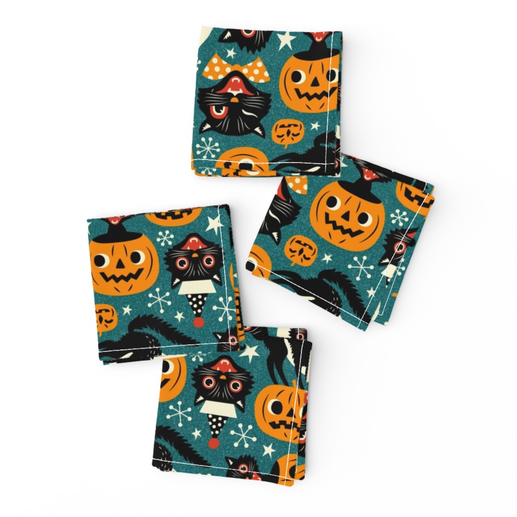  Large Scale / Spooky Vintage Cats And Pumpkins / Dark Blue 